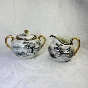 Exquisite Vintage Japanese Hand-Painted Porcelain Sugar Bowl & Creamer Set, Scenic Landscape Design, 1930s Asian Style Antique Home Decor