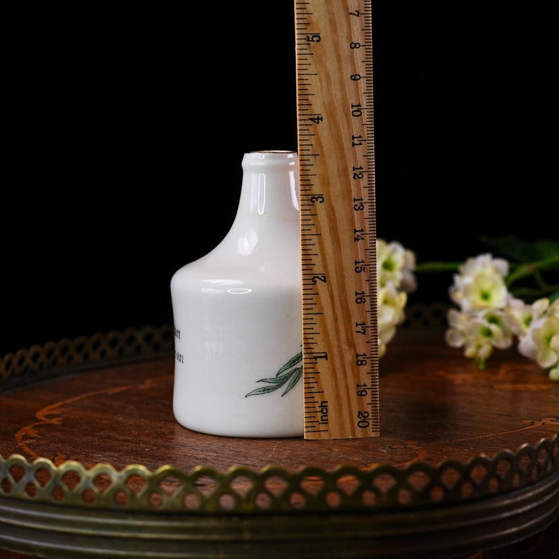 K&ouml;nnte beinhalten: Eine kleine, wei&szlig;e Keramikvase mit schmalem Hals und rundem K&ouml;rper. Die Vase hat ein gr&uuml;nes Blattdesign und Text auf der Seite. Ein Lineal zeigt, dass die Vase etwa 10 cm hoch ist. Die Vase steht auf einem dekorativen Tablett.