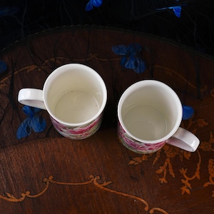 Vintage Royal Bone China Mug Pair – Collector's Series Botanical Pink Roses, Stained Glass Gilt Border, Matched Set, Thailand 1990s image 3