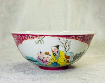 Antique Chinese Famille Rose Porcelain Bowl – Hand-Painted Scholars & Boys Scene, “Jiangxi Chupin” Mark, 1930s Collectible Asian Vintage