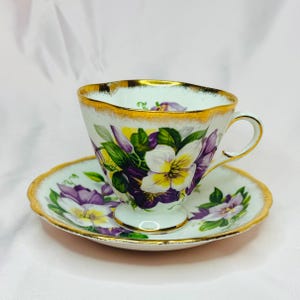 Vintage Rare Windsor Bone China Tea Cup and Saucer - Purple and Yellow Pansy Floral Design with Heavy Gold Trim, 1950s, England