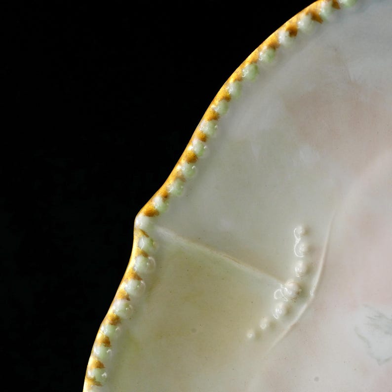 May include: Close-up of a white ceramic plate with a scalloped edge. The rim is decorated with a pattern of small, raised dots and a gold and green trim. The plate has a slightly textured surface and a pale pink hue.