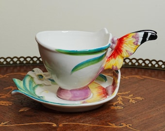 Bombay Butterfly Teacup and Saucer Set, 1990s Ceramic Floral Wing Handle Cup, Sculptural Garden Mug, Made in China, Gift for Butterfly Lover