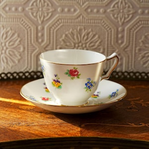 Vintage Crown Staffordshire Bone China Teacup and Saucer – Multicolor Floral Sprays & Gold Trim – English Staffordshire Tea Set 1950s