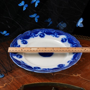 Antique New Wharf Pottery Geneva Flow Blue Plate 10” – Art Nouveau Cobalt Tulips, Semi-Porcelain Staffordshire England, Scalloped Rim, 1890s image 6
