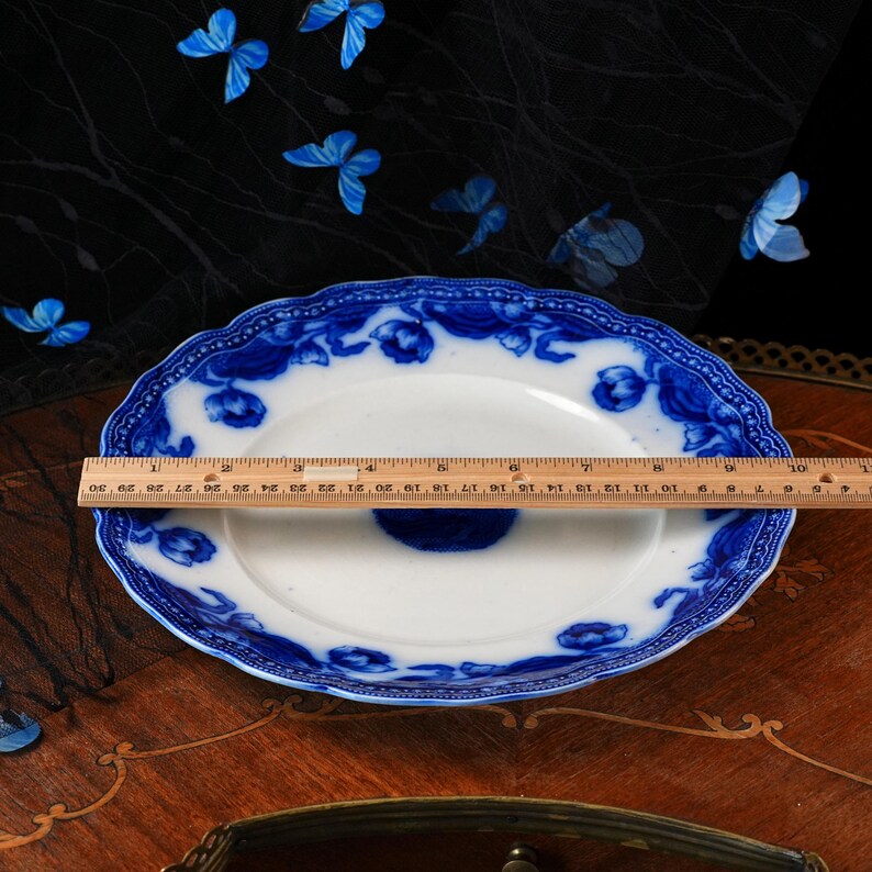 Antique New Wharf Pottery Geneva Flow Blue Plate 10” – Art Nouveau Cobalt Tulips, Semi-Porcelain Staffordshire England, Scalloped Rim, 1890s image 6