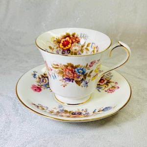 Vintage Aynsley Summertime Teacup and Saucer Set – Multicolor Floral Pattern &quot;Est. 1775&quot;, Fine Bone China, England 1950s Collectible