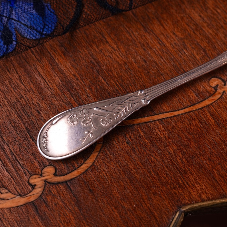 Puede incluir: Un mango de cuchara de metal plateado con un dise&ntilde;o bot&aacute;nico en relieve de peque&ntilde;as hojas en forma de abanico y tallos finos. El mango tiene un extremo redondeado y c&oacute;nico con una serie de estr&iacute;as verticales hacia el cuello.