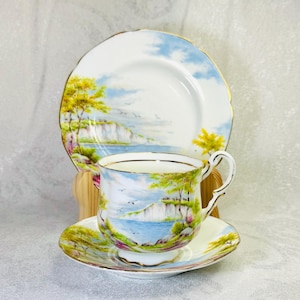 Vintage Paragon “Cliffs of Dover” Bone China Trio - English Tea Cup, Saucer & Side Plate Set, Hand-Painted Landscape, 1950s Collectible