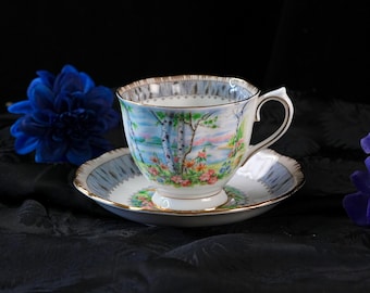 Vintage Royal Albert Bone China Tea Cup and Saucer – “Silve Birch” Tree & Lake Scene, Montrose Shape, England Collectible Decor 1960s