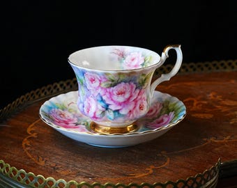 Royal Albert Val D'or Teacup and Saucer – Hand-Painted Signed Kumiko Ishii 1983, Full Coverage Pink Rose Watercolour, Gold Foot Ring England