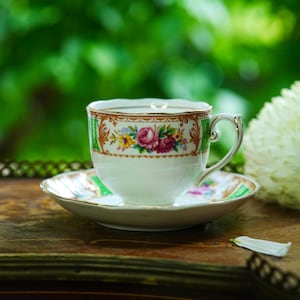 Vintage Roslyn Teacup and Saucer Set– Green Satin Panels & Gold Scrolls, Pink Roses Yellow Florals, Fluted Bone China England (c.1950s)
