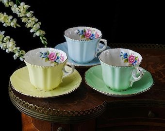 Vintage Grafton China Pastel Fluted Teacup and Saucer – Yellow, Mint Green, or Baby Blue, Rose Bouquet Interior, Gold Trim, England 1940s