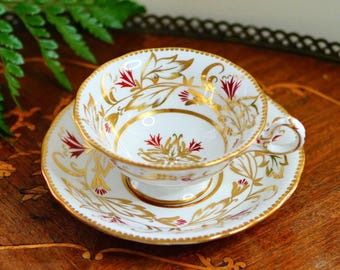 Vintage Royal Chelsea Bone China Tea Cup and Saucer Set, Red and Gold Floral Scroll , Footed Shape, Made in England, 1950s, Hand-Painted