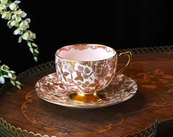 Vintage Shelley Bone China Bramble Chintz Teacup and Saucer – Gold & Pink Interior, Gilt Handle and Foot, Green Enamel, England 1950s