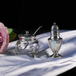 May include: A clear glass sugar bowl with a silver lid and spoon, and a silver salt shaker. The sugar bowl has three small feet. The salt shaker has a faceted design and a small, perforated lid. The items are on a white cloth.