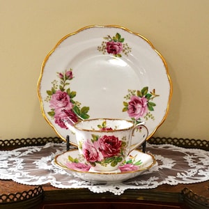 Vintage Royal Albert “American Beauty” Trio – Pink Rose Bone China Teacup, Saucer & Dessert Plate, Rococo Scalloped Gold Trim, England 1940s
