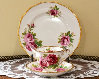 Vintage Royal Albert “American Beauty” Trio – Pink Rose Bone China Teacup, Saucer & Dessert Plate, Rococo Scalloped Gold Trim, England 1940s