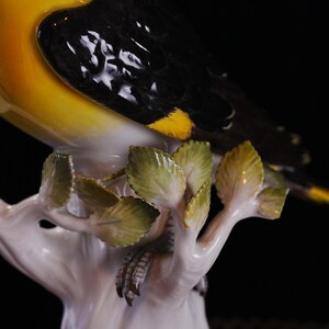 May include: A detailed porcelain figurine of a bird with yellow, black, and white plumage perched on a white branch with green leaves. The bird's feathers are intricately detailed, and the leaves have a glossy finish.