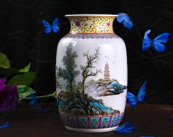 Vintage Chinese Decorative Vase – Hand-Painted Qianlong Mark, Floral Beast Motif with Reticulated Border, Soft Pink & Green Enamels 1950s