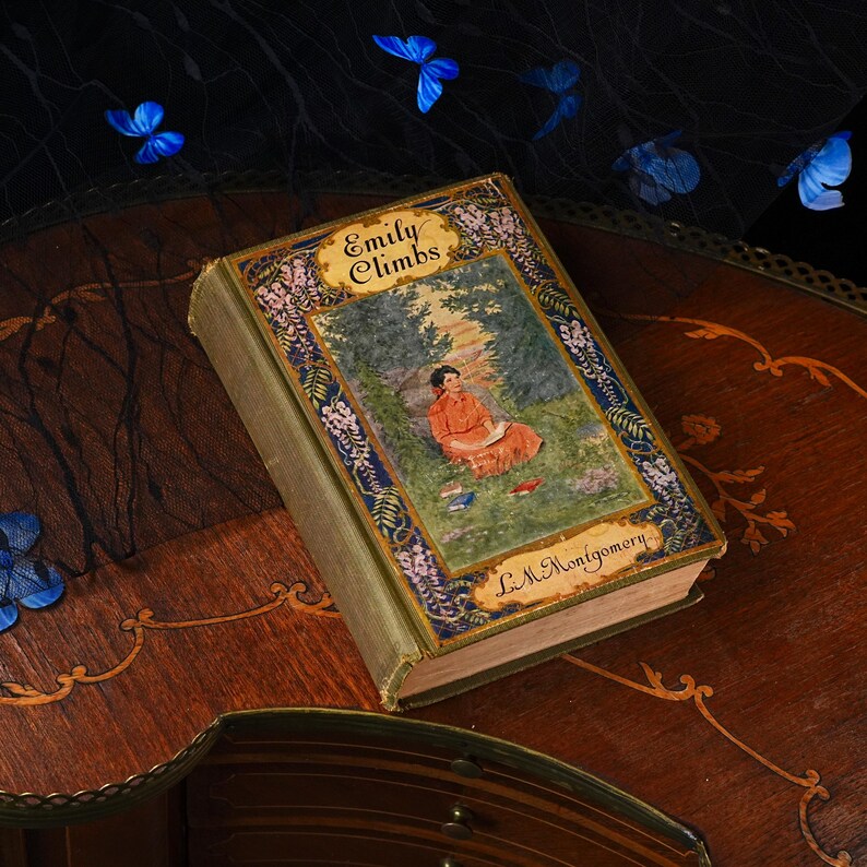 Puede incluir: Un libro de tapa dura titulado Emily Climbs de L.M. Montgomery con una cubierta decorativa que presenta una ilustraci&oacute;n central de una persona con vestido rojo sentada en un jard&iacute;n, rodeada por un borde floral y detalles de mariposas azules.