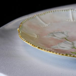 May include: A decorative, oval-shaped plate with a scalloped edge. The plate features a soft pink and white floral design with a gold trim. The plate's edge is adorned with small, raised dots.