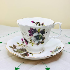 Vintage Royal Albert Bone China Teacup and Saucer – Elegant Purple & Blue Floral Design with Gold Trim, Made in England, 1960s Collectible