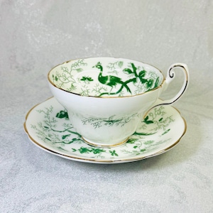 Vintage Coalport Fine Bone China, Green Chinoiserie Bird Floral Pattern, Tea Cup and Saucer Set, England 1950s, Fine Porcelain Asian Style