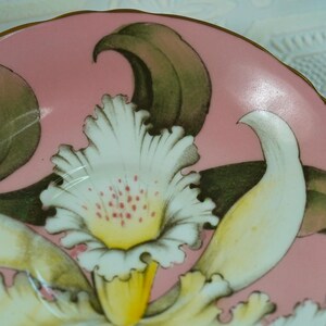 May include: A decorative plate with a pink background and a floral design. The flower is white with a yellow center and red spots. Green leaves and a gold rim complete the design. The plate is likely made of porcelain.