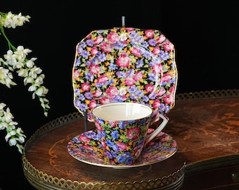 Vintage Royal Winton 'Majestic' chintz-theekopje trio/set – Grimwades, Engeland zwart gebloemd vierkant zijbord met vergulde rand, jaren 1930