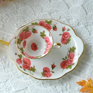 Vintage Rare Foley 100th Anniversary Century Rose Tea Cup Snack Plate Set – Pink Cabbage Roses, Gold Trim, 1950 Fine Bone China, England