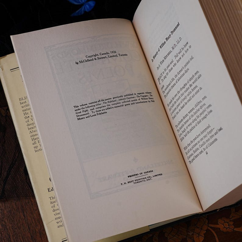 Poèmes complets du Dr W.H. Drummond (édition ancienne) – Première édition canadienne McClelland & Stewart, vers en dialecte local, jaquette, Toronto, 1926 image 6