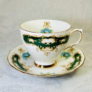 Vintage Queen Anne Bone China Teacup & Saucer Set - Green And Gold Scrolls with Blue Floral Bouquets, 8362 Ridgway Potteries, England, 1950s