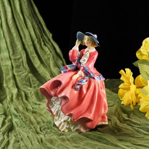 Vintage Royal Doulton “Top o’ the Hill” Bone China Figurine – Hand-Painted English Lady in Flowing Pink Dress with Blue Hat & Sash, 1940s