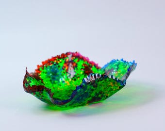 パープルブルーフューズドガラスボウル：手作りの抽象アートガラス