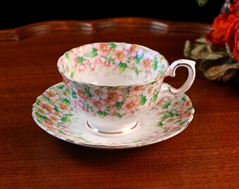 Vintage Crown Staffordshire England Bone China Teacup and Saucer – “Maytime” Full Chintz Pink Wild Rose Pattern, Gold Trim, Scalloped 1930s