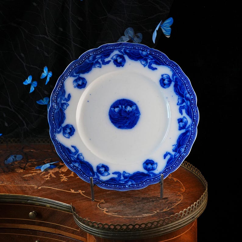 Antique New Wharf Pottery Geneva Flow Blue Plate 10” – Art Nouveau Cobalt Tulips, Semi-Porcelain Staffordshire England, Scalloped Rim, 1890s image 1