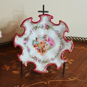Antique Vienna Style Plate with Boucher Scene, 1890s Decorative Porcelain, Gilt Rococo Cabinet Dish, Reticulated Edge, 16.5cm Lovers Plate