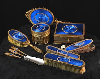 Antique French Guilloché Enamel Ormolu Vanity Set – 10 Pieces, Cobalt Blue, L'Amour Désarmé Cupid & Venus Medallions, Belle Époque 1890s
