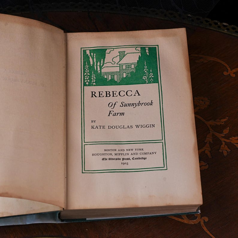 Antieke eerste editie van Rebecca of Sunnybrook Farm – Kate Douglas Wiggin, Houghton Mifflin, groene linnen band met afbeeldingen, stofomslag, gesigneerd 1903 afbeelding 6