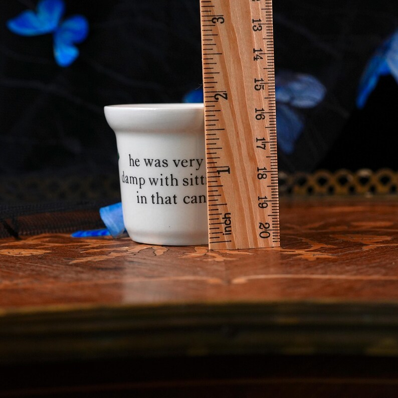 Op de afbeelding: Een witte keramische beker met zwarte tekst 'he was very damp with sitting in that can' naast een houten liniaal die een hoogte van ongeveer 5 cm aangeeft. De beker heeft een uitlopende rand en een glad, cilindrisch lichaam.