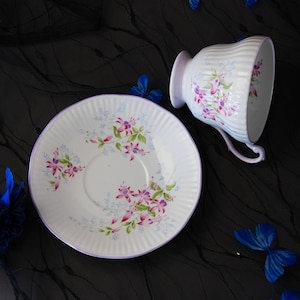 Vintage Queens Rosina Fluted Bone China Teacup & Saucer – Pink Wild Rose or Lilac Fuchsia Color Choice, Made in England Cottagecore image 6