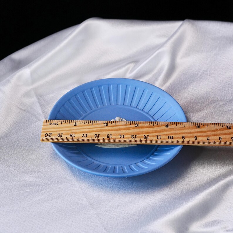 May include: A light blue circular plate with a ribbed rim and a central white relief design. A wooden ruler is placed across the plate, showing a diameter of approximately 4.5 inches. The plate features a matte finish and a raised decorative motif.