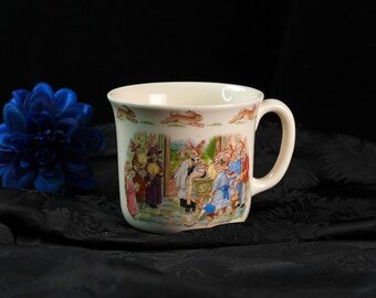 Taza vintage de Royal Doulton Bunnykins para bautizo: "Bunnykins Celebra tu bautizo", con escena de conejos para guardería, porcelana inglesa, 1988