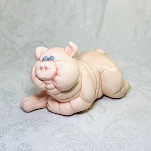 Vintage 1984 Handmade Ceramic Pig Figurine – Chubby Pink Pig with Blue Eyes, Gift Inscription “To Emily, Love Mommy”, Unique Porcelain