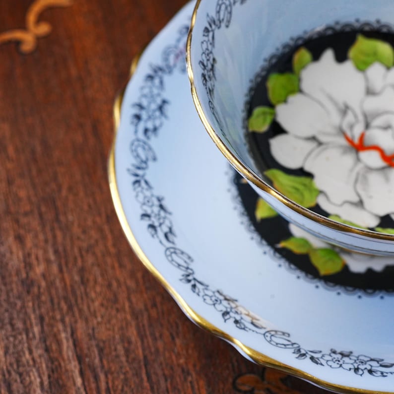 May include: A light blue porcelain teacup and saucer set featuring a gold-trimmed scalloped edge. The interior of the cup and the saucer display a black circular border with a white floral design, green leaves, and a small orange accent detail.