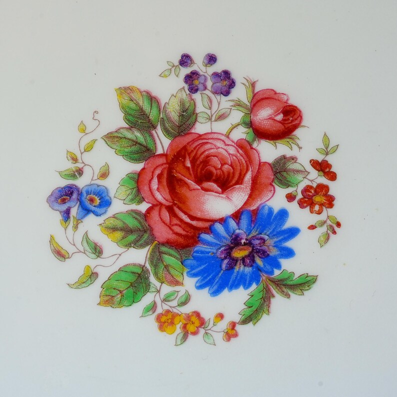 Pode incluir: Um close-up de um design floral com uma grande rosa vermelha, um &aacute;ster azul e pequenas flores roxas e amarelas. As flores s&atilde;o cercadas por folhas verdes sobre um fundo branco.