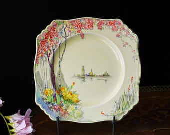 Vintage Royal Winton Grimwades Spring Landscape Square Plate – Cherry Blossoms, Daffodils, Lake Scene, Art Deco, Cream Ware, England 1930s