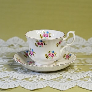 Vintage Royal Albert Bone China Tea Cup and Saucer - Fluted Shape, Small Floral Rose and Berry Design, 1960s England Teaware Home Accent