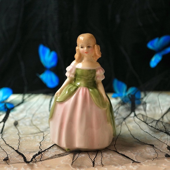 Vintage Royal Doulton Figurine Penny Glazed Bone China Girl in Pink and Green Gown, HN 2338, Hand-Painted England Sculpture (1960s) Vintage Royal Doulton Figurine Penny Glazed Bone China Girl in Pink and Green Gown, HN 2338, Hand-Painted England Sculpture (1960s)